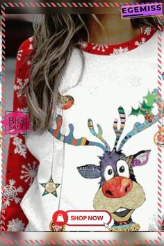 Casual Christmas Deer Print Crew Neck Long Sleeve Sweatshirt Multicolor Long Sleeve Christmas Tops, Multicolor Tops For Holiday Fall Season, Multicolor Tops For Holiday In Fall, Multicolor Tops For Fall Holiday, Christmas Long Sleeve Tops With Cartoon Print, Multicolor Crew Neck T-shirt For Winter, Multicolor Festive Tops For Fall, Red Cartoon Print Tops For Winter, Multicolor Crew Neck Christmas Top