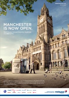 an advertisement for manchester is now open with people walking in front of a large building