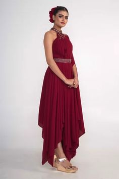 Shop for Merge Design Maroon Georgette Halter Neck Draped Dress for Women Online at Aza Fashions Embellished Halter Neck Cocktail Dress, Georgette Dress For Reception, Sleeveless Georgette Maxi Dress For Cocktail, Embroidered Neckline Maxi Party Dress, Evening Maxi Dress With Embroidered Neckline, Elegant Embellished Sleeveless One-shoulder Dress, Elegant Embellished Sleeveless One Shoulder Dress, Maxi Length Party Dress With Embroidered Neckline, Embellished Sleeveless One Shoulder Cocktail Dress