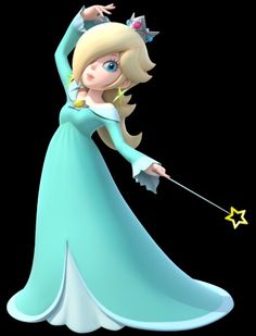 a cartoon character in a blue dress with stars on her head, holding a wand