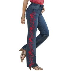 Roamans Women's Plus Size Whitney Jean With Invisible Stretch Embroidered Bootcut Jeans.Your favorite bootcut jeans, detailed with pretty, scrolling embroidery down the sides. Made in the five-pocket style and so easy to wear anywhere and everywhere. These are great-fitting jeans, made to serve your curves. All of our core, classic denim features an Invisible Stretch waistband designed to eliminate back-gap. They sit comfortably at the natural waist and are designed to move with you in super-str Mandala Jeans, Women's Plus Size Jeans, Embroidered Jeans, Feminine Outfit, Fashion Today, Plus Size Jeans, Casual Fall Outfits, Bootcut Jeans, Size Clothing