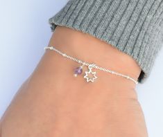 Tiny Star Bracelet, Sterling Silver Bracelet for Women, Dainty Bracelet, Delicate Chain Bracelet, Silver Star Bracelet, Bridesmaids gift This dainty bracelet has a solid sterling silver 925 delicate satelite chain. The charm is also sterling silver 925. There is an extension so it can be adjusted to fit comfortably. There is an option for the type of stone that you would like.I can also customize the size for you, so feel free to message me if you need a custom orde , or if you have any question Moonstone Anklet, Silver Star Bracelet, Star Charm Bracelet, Bracelet Star, Silver Ankle Bracelet, Anklets Boho, Silver Bracelets For Women, Bracelet Dainty, Dainty Bracelet