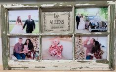 an old window frame with four photos and the words the allenss on it