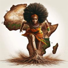 a woman with an afro is standing on top of a tree branch and has roots in her hair