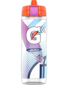 the water bottle has an orange lid and is filled with basketball hoops on it