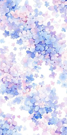 blue and pink flowers floating in the air on a white background with space for text