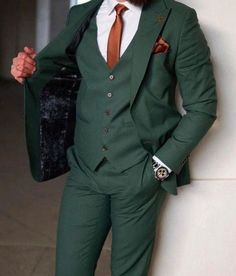 Green And Orange Suit Men, Green Wedding Suit Groom And Groomsmen, Suits No Tie Men, Suit For Big Size Men, Green Suit Orange Tie, Embroidered Wedding Suit Men, Hunter Green Suits For Men Wedding, Dark Green Mens Outfit, Hunter Green Suit Wedding