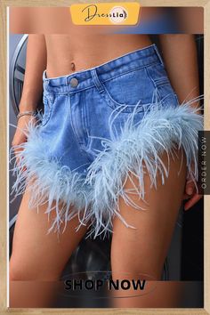 High Waist Feather Fur Patchwork Denim Shorts High Waist Blue Shorts For Fall, Blue Short Bottoms For Fall, Trendy Blue Jean Shorts For Fall, Blue Trendy Shorts For Fall, Trendy Blue Shorts For Fall, Trendy Blue Fall Shorts, Shorts Design, Patchwork Denim, Jeans Fabric