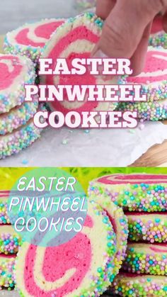 an easter pinwheel cookie with sprinkles on it and the words easter pinwheel cookies