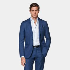 This up-to-date mid blue Havana suit is cut from 100% pure S110's wool by the renowned Vitale Barberis Canonico mill in Biella, Italy. Tailored to a slim fit, it features flap pockets and narrow, lightly padded shoulder. Paired here with our Brescia trousers, it's available as a suit or separate. Blue Three-piece Suit With Welt Pockets For Business Casual, Blue Slim Fit Suits With Welt Pockets, Blue Business Suit With Flat Front, Blue Suits With Notch Lapel And Pressed Crease, Blue Suits With Pressed Crease And Notch Lapel, Blue Semi-formal Suits With Welt Pockets, Blue Suit With Pressed Crease, Blue Semi-formal Suits With Flat Front, Blue Semi-formal Flat Front Suits