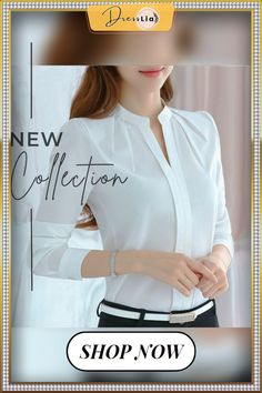 Spring Autumn Women Tops Long Sleeve Casual Chiffon Blouse Female V-neck Work Wear Solid Color White Office Shirts for Women White V-neck Office Blouse, Elegant V-neck Blouse For Office, White V-neck Blouse For Office, White V-neck Blouse For Office Wear, Elegant Split Neck Office Blouse, Elegant Top With Split Neck In Solid Color, Solid V-neck Office Tops, Solid V-neck Tops For Office, Feminine Solid Color V-neck Blouse