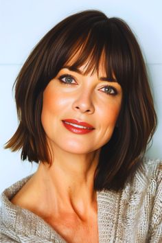 Blunt Bob with Fringe Haircut for Women Over 50. Beautiful Bob Hairstyles, Bobs With Fringe Fine Hair, Bobs No Bangs, Full Fringe Bob, Medium Bob Hairstyles With Fringe, Bob Thick Hair Straight, One Length Hair With Bangs, Bobs Haircuts With Bangs, Short A Line Bob With Bangs