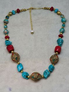 Description: A Very Beautiful Handmade Vintage Necklace Specially Designed By An Artisan In Kathmandu Nepal This Necklace Is Rich Of Beautiful And Charming Stones Including Turquoise , Coral And Varscite With Brass Accessories And Clasp Length is 11 Inches (22 Inches End to End Length Exclude Extension)  weight : 4.47 Oz( 127.00 Grams) Brass Accessories, Kathmandu Nepal, Necklace Antique, Jewelry Antique, Crown Jewels, Cool Necklaces, Look Alike, 11 Inches, Vintage Necklace