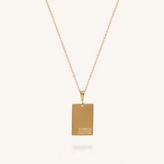 Sometimes, minimal is the way to go, and the Willow Necklace adds a simplistic element to your stack unlike anything you've seen before. A simple rectangular pendant on a dainty chain is yours to customize however you see fit - we're loving anniversary names and dates, matching duo pairs, and simple reminders inscribed to wear forever. 14k Gold Fill or Sterling Silver Pendant Dimension: 0.7 x 0.5" Length: 16" + 2" ext Text Specifications: Max 6 characters/line. Special characters may include hea Minimalist Personalized Square Pendant Necklace, Modern Personalized Rectangular Necklaces, Elegant Everyday Dog Tag Necklaces, Elegant Everyday Dog Tag Necklace, Everyday Personalized Rectangular Necklace, Elegant Rectangular Charm Necklaces For Everyday, Dainty Everyday Necklace With Rectangular Pendant, Classic Dog Tag Necklace For Everyday, Minimalist Necklace With Rectangular Links Gift