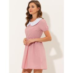 This flare dress adds a vivacious style to your wardrobe all day. Designed with a contrast Peter Pan collar, this dress makes weekend dressing feminine and cute. Featuring a puff sleeve and Peter Pan collar, this dress is a cute piece that adds stunning glamour to many occasions. The waistline flows out into a lightly pleated flared skirt for a feminine finish. Dressing Feminine, Mini Dress Hot, Weekend Dresses, Floral Shirt Dress, Pink M, Flare Mini Dress, Feminine Dress, Mini Shirt Dress, Flared Skirt