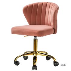 a pink office chair with gold wheels on an isolated white background