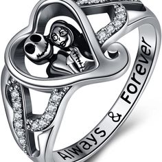 The Nightmare Before Christmas - Jack Skellington And Sally Love Heart Ring. Beautiful Ring That Celebrates Your Everlasting Love. * Sparkling 1/4 Cttw Simulated White Diamonds * Custom Laser Engraved With “Always And Forever” * Hallmark Stamped Fine 925 Sterling Silver * 18k White Gold Plated Approximate Measurements. Nightmare Before Christmas Rings, Skeleton Ring, Jewelry Skull, Jack And Sally, Skull Jewelry, Jewelry Birthday, Disney Jewelry, Christmas Gifts For Women, Silver Pieces