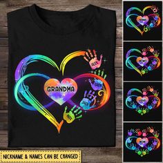 a t - shirt with the words grandma and handprints in rainbow colors on it