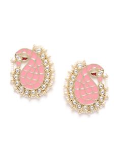 These beautiful pink paisley shaped stud earrings come with kundan stone studs & artificial beads, are gold-plated, and are secured with a post and back closure. These stud earrings can come handy when you want to confidently jazz up your outfit, yet want your outfit to do most of the talking. Product color may vary based on the monitor or screen you are using.See FAQ for more details. Size Length: 4 cm Details Material: BrassStones: Kundan & Artificial BeadsPlating: Gold-plated Peacock Earrings, Indian Earrings, Pink Paisley, Stone Studs, Desi, Paisley, Gold Plate, Enamel Pins, Stud Earrings