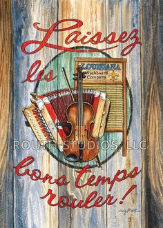 a painting of a violin and an accordion on a wooden background with the words, las paso