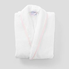 Consider your terry robe upgraded: luxe piping, sleeves that can be rolled and buttoned (so they don’t get soaked), a slim collar for mess-free face masking, pockets and an attached tie that won’t get lost in the wash. Offered in soft white terry with colored piping to match your favorite Bath Towel. Personalized Toiletry Bag, Household Gifts, Luxury Robes, Terry Robe, Day Designer, Ballet Pink, Personalized Embroidery, Luxury Towels, Womens Robes