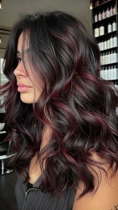 Black And Burgundy Highlights, Hair Dye Ideas Burgundy, Subtle Hair Highlights For Black Hair, Black Hair With Subtle Red Highlights, Black With Dark Red Highlights, Burgundy Streaks In Brown Hair, Dark Brown Hair With Colorful Highlights, Subtle Red Highlights In Black Hair, Hair Colour Inspo For Black Hair