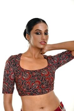 Maroon and Black Ajrakh Print Pure Cotton Saree Blouse Perfect for pairing effortlessly with a saree for as formal wear Ajarak Print Blouses, Ajrakh Blouse Designs, Ajrakh Blouse, Baluchari Saree, Print Blouses, Cotton Saree Blouse, Orange Saree, Net Blouses, Cotton Gowns