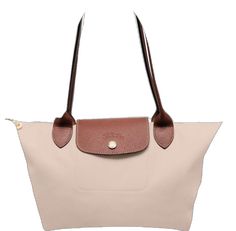 Beige Longchamp, White Longchamp Bag, Longchamp Cream Bag, Longchamp Medium, Longchamp Le Pliage Pouch With Handle, Press Studs, Longchamp Le Pliage, Leather Top, Fashion Branding