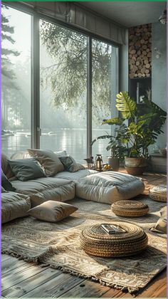 a living room filled with lots of furniture and pillows on top of a wooden floor