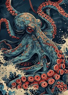 an octopus is in the water with red and blue circles on it's body