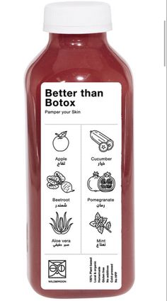 a bottle of red juice with the words better than botox