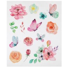 watercolor flowers and butterflies on a white background