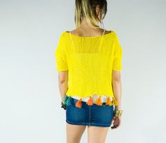 Yellow Short Sleeve Sweater for Women, Hand Knit Summer Shirt, Comfy Beach Yoga Shirt with Rainbow Tassels, Teen Girly Top by myAqua Boho Tops Summer, Neon Yellow Shorts, Rainbow Fringe, Girly Tops, Knit Summer, Bohemian Top