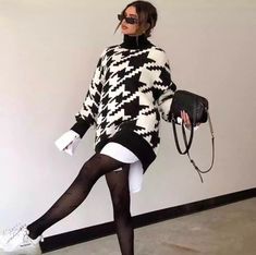 This sleek and stylish pattern will dress up any basic piece. Fabric Type: Knit Sizes: Small, Medium, Large Pattern: Houndstooth Houndstooth Sweater, Sweater Dress Oversized, Winter Knit Sweater, Oversized Turtleneck Sweater, Women Sweaters Winter, Long Sweater Dress, Womens Turtleneck, Sweater Dress Women, Black Turtleneck