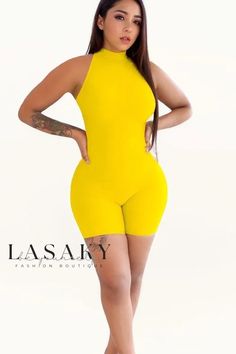 Lasaky - Chic Sleeveless Off-the-Shoulder Form-Fitting Jumpsuit Trendy Yellow Sleeveless Jumpsuit, Sleeveless Stretch Yellow Bodysuit, Yellow Stretch Sleeveless Bodysuit, Yellow Fitted Sleeveless Bodysuit, Yellow Sleeveless Casual Bodysuit, Chic Yellow Sleeveless Bodysuit, Casual Yellow Sleeveless Bodysuit, Fitted Jumpsuit, Short Waist