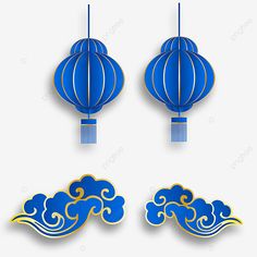 two blue paper lanterns hanging from the ceiling with clouds and waves on it, chinese style,