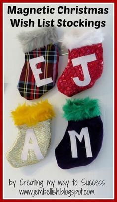 three christmas stockings with the letter m on them