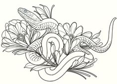 a snake and flowers in a vase with leaves on the side, black and white drawing