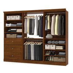 an open wooden closet with clothes and shoes