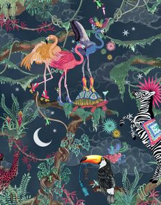 an animal themed wallpaper with flamingos, zebras and other animals