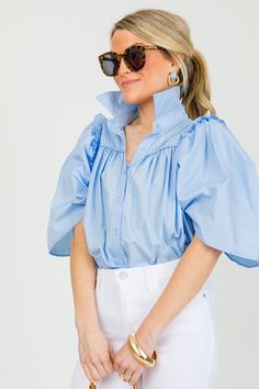 Preppy Button Up Top, Chambray Blue - New Arrivals - The Blue Door Boutique Trendy Spring Puff Sleeve Top With Ruffles, Chic Puff Sleeve Top With Ruffled Collar For Spring, Trendy Puff Sleeve Top With Ruffles For Spring, Balloon Sleeve Tops With Ruffles For Day Out, Trendy Puff Sleeve Top With Ruffles For Brunch, Summer Button-up Tops With Gathered Sleeves, Trendy Relaxed Fit Puff Sleeve Top For Spring, Trendy Puff Sleeve Top With Ruffles And Balloon Sleeves, Spring Puff Sleeve Top With Gathered Sleeves