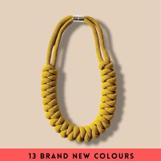 Our Odin necklace in brand new colours! A fantastic statement piece! Made using a traditional knotting technique to reveal this beauty. Can be thrown over a t-shirt for a casual chic style. Perfect Cotton anniversary gift! Necklace length is approximately 18 inches (46 cm). Please see the necklace length chart for reference. About our brand: On form since 2020. We love knots. We don't just 'Macramé'. We're so much more. We're all about making you feel good in something original. Knottinger's designs are greatly influenced by art culture with a nod to modern architectural forms too. Think bohemian but luxury! Our designs include simple everyday earrings to statement pieces that take you from day to night. You can also find a selection of unique home products. These statement pieces are cons Wax Rope Necklace, Rope Knot Necklace, Luxury Bohemian Bib Necklace For Gift, Jewelry Rope, Knotting Technique, Knot Rope, Necklace Length Chart, Cotton Anniversary Gifts, Cotton Anniversary