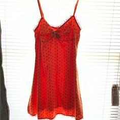 Victorias Secret Pout Vintage Lace Satin Cami Camisole Top Nightgown, Polka Dot, Elastic Neckline Top, Adjustable Elastic Straps, Button Down Back. Rare Find. Never Worn/ Like New! *Fyi- Photos Appear More Neon Than Orange, Item Is Orange With Red Polka Dots.* Coquette Spaghetti Strap Slip Dress For Loungewear, Coquette Slip Dress With Spaghetti Straps For Loungewear, Sleeveless Chemise With Built-in Bra For Loungewear, Sleeveless Coquette Nightgown With Built-in Bra, Coquette Spaghetti Strap Nightgown For Sleep, Coquette Spaghetti Strap Chemise For Loungewear, Coquette Sleeveless Night Chemise, Sleeveless Coquette Night Chemise, Coquette Sleeveless Chemise For Bedtime