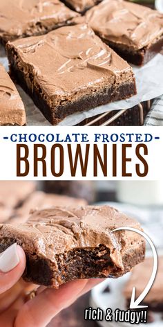 chocolate frosted brownies are being held up in front of the camera and on top of each other