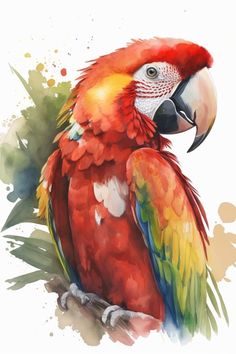 a painting of a colorful parrot sitting on a branch with watercolor splashes around it