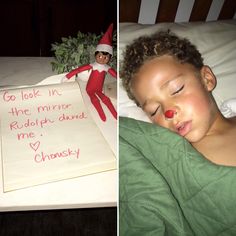 an elf is sleeping in bed next to a child's handwritten note