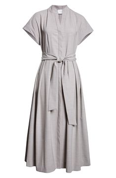 Generous pleats bring fullness to the skirt of this cap-sleeve midi dress cut from fine mélange stretch wool and cinched with a wide sash. Hidden-button placket Band collar Cap sleeves Side-seam pockets Removable sash 93% virgin wool, 7% elastane Dry clean Made in Italy Designer Clothing Short Sleeve Pleated Dress For Work, Spring Workwear Dresses With Box Pleat, Chic Short Sleeve Midi Dress With Box Pleat, Classic Short Sleeve Belted Dress, Elegant Shirt Dress With Pleated Sleeves For Work, Elegant Pleated Sleeve Shirt Dress For Work, Elegant Dresses With Pleated Waist And Cap Sleeves, Elegant Workwear Shirt Dress With Pleated Waist, Belted Fitted Pleated Dress For Work