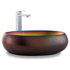 a sink with a rainbow colored bowl and faucet on the side, in front of a white background