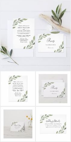 the wedding stationery is displayed with greenery and white cards, which are laid out on top of each other