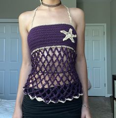 AVAILABLE IN MORE COLORS! Dm for custom :)  All items are handmade by me!  If custom made, please give 2-4 weeks processing time Please message me for custom sizes, colors, or any other questions you may have about this item :) Purple Mermaid Top, Purple Beach Outfit, Mermaid Clothes, Mermaid Top, Purple Beach, Womens Tank Tops, Mermaid Outfit, Crochet Stuff, Crochet Tops